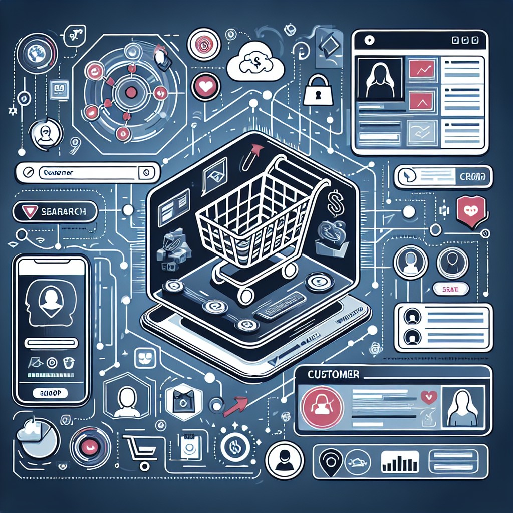 Illustration montrant une interface de plateforme E-commerce intégrée avec un CRM, symbolisant l'unification des données clients et opérations commerciales.