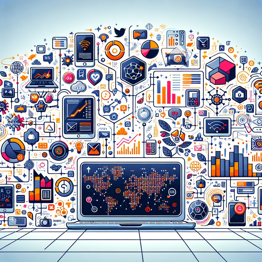 Couverture de l'article sur l'importance du marketing digital pour les PME en 2024, illustrant des éléments numériques comme des réseaux sociaux, des graphiques, et des appareils connectés.