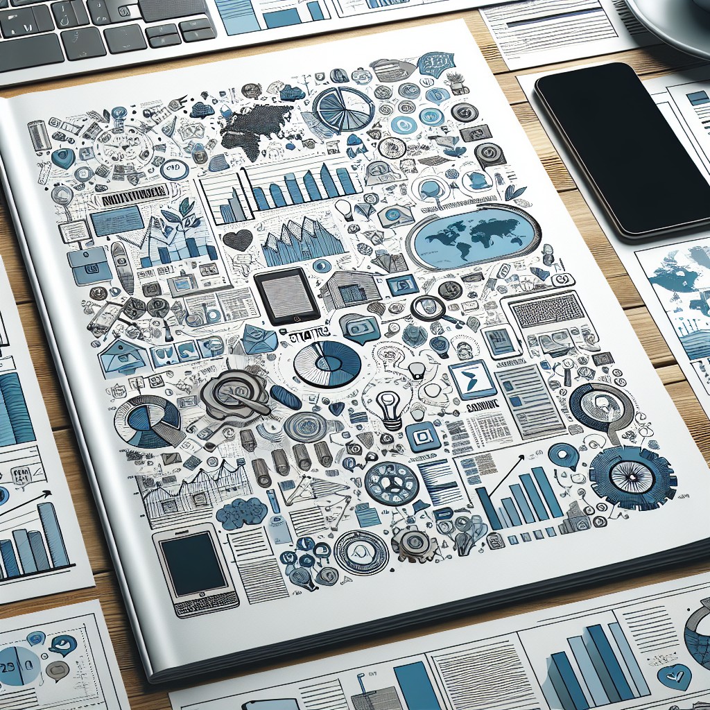 Image de couverture montrant différentes stratégies digitales sur un bureau, incluant des éléments comme un laptop, un smartphone, des graphiques et des icônes de réseaux sociaux.