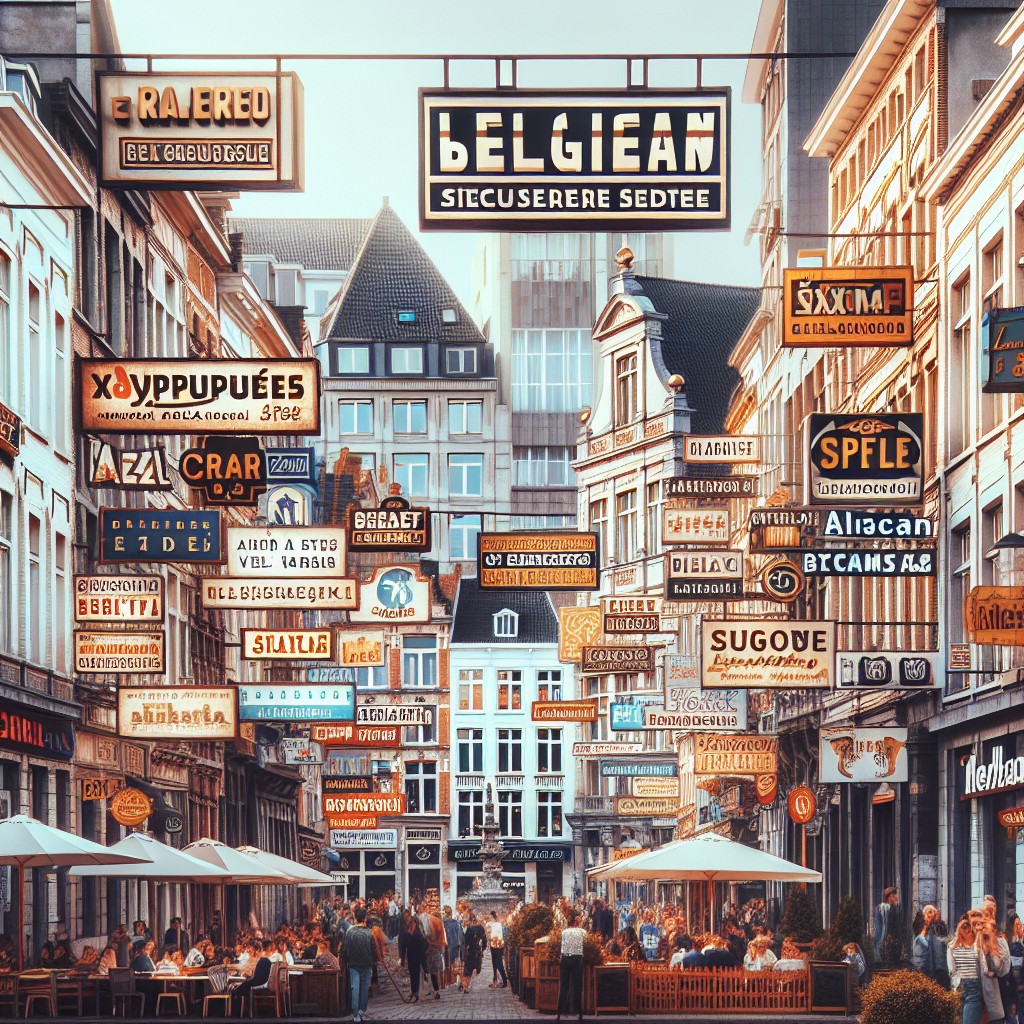 Une photo de paysage urbain belge avec des enseignes commerciales, représentant la diversité culturelle et linguistique de la Belgique.