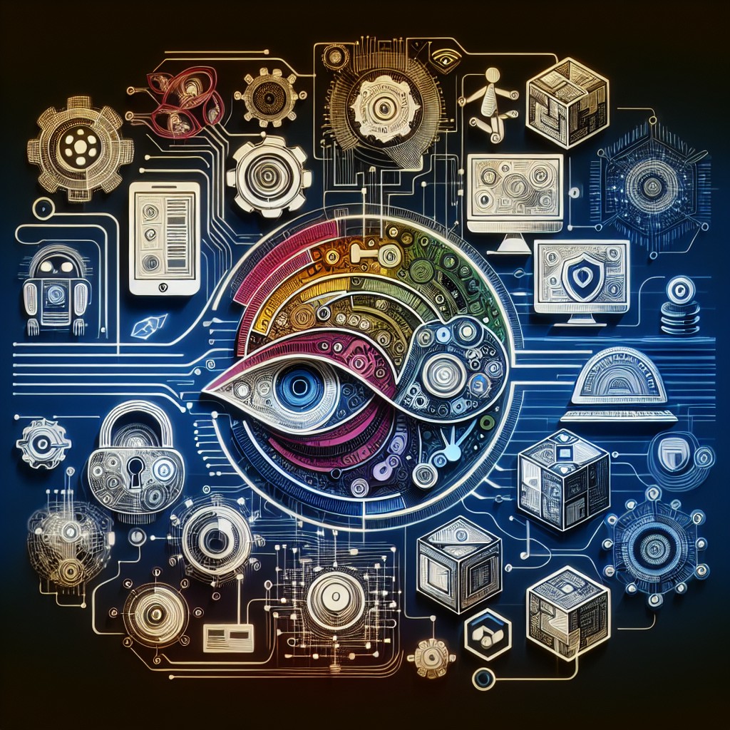 Une illustration moderne montrant diverses technologies web et tendances innovantes, avec des éléments d'interface utilisateur, de sécurité et d'intelligence artificielle.