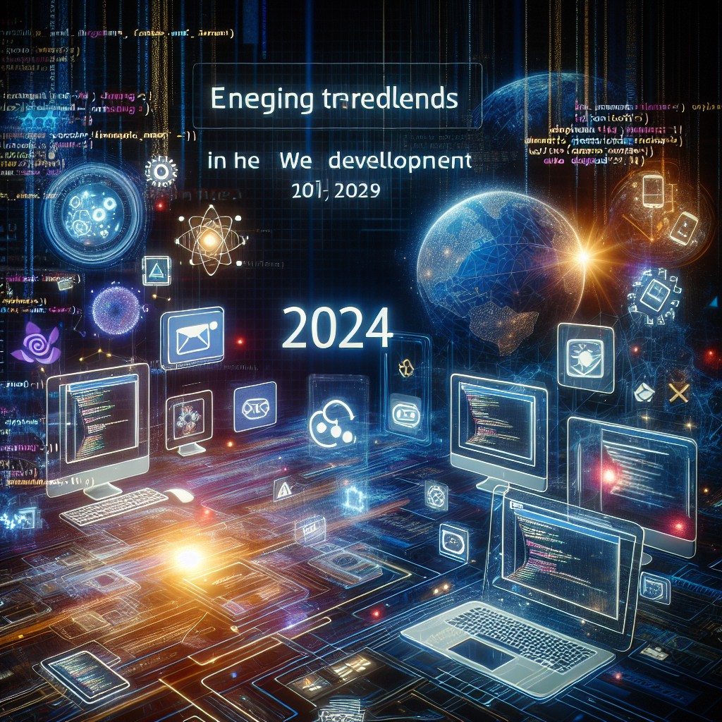 Couverture représentant les tendances émergentes du développement web en 2024, avec illustrations de technologie et d'interfaces utilisateur.