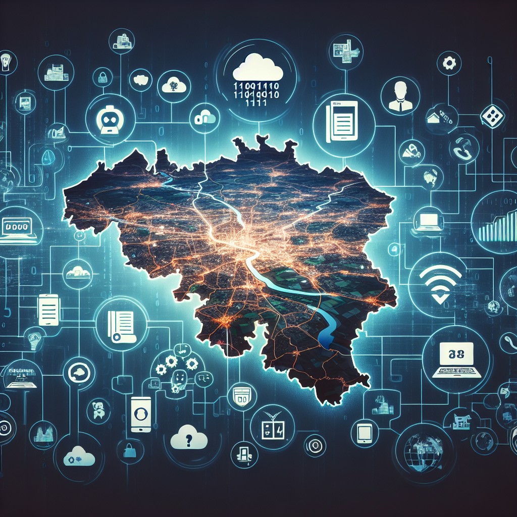 La transformation digitale des entreprises en Wallonie, illustrant une carte de la région avec des icônes technologiques et numériques.