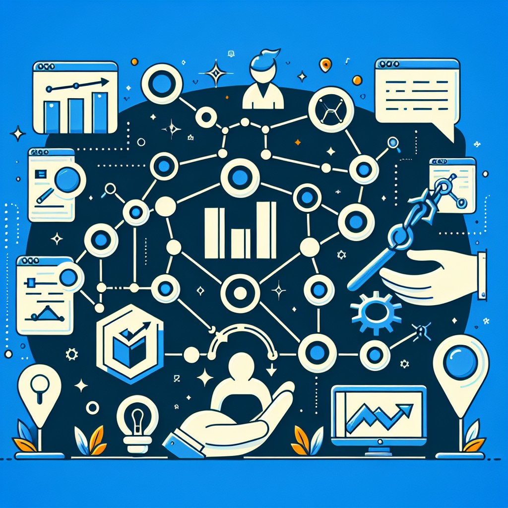 Illustration représentant l'importance des backlinks dans l'optimisation SEO, avec des icônes de liens et graphiques de performance SEO.