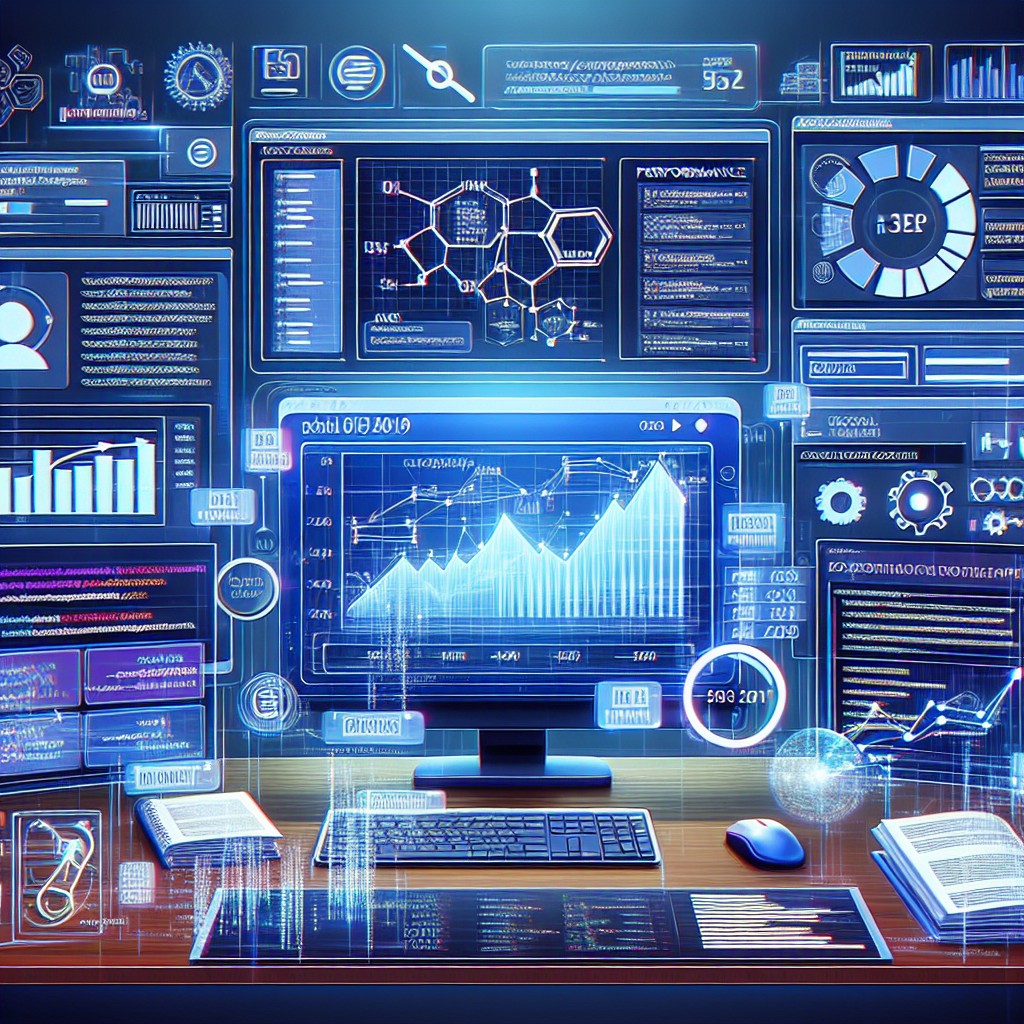 Illustration d'outils d'automatisation SEO en action, montrant des graphiques de performance et des éléments de technologie.