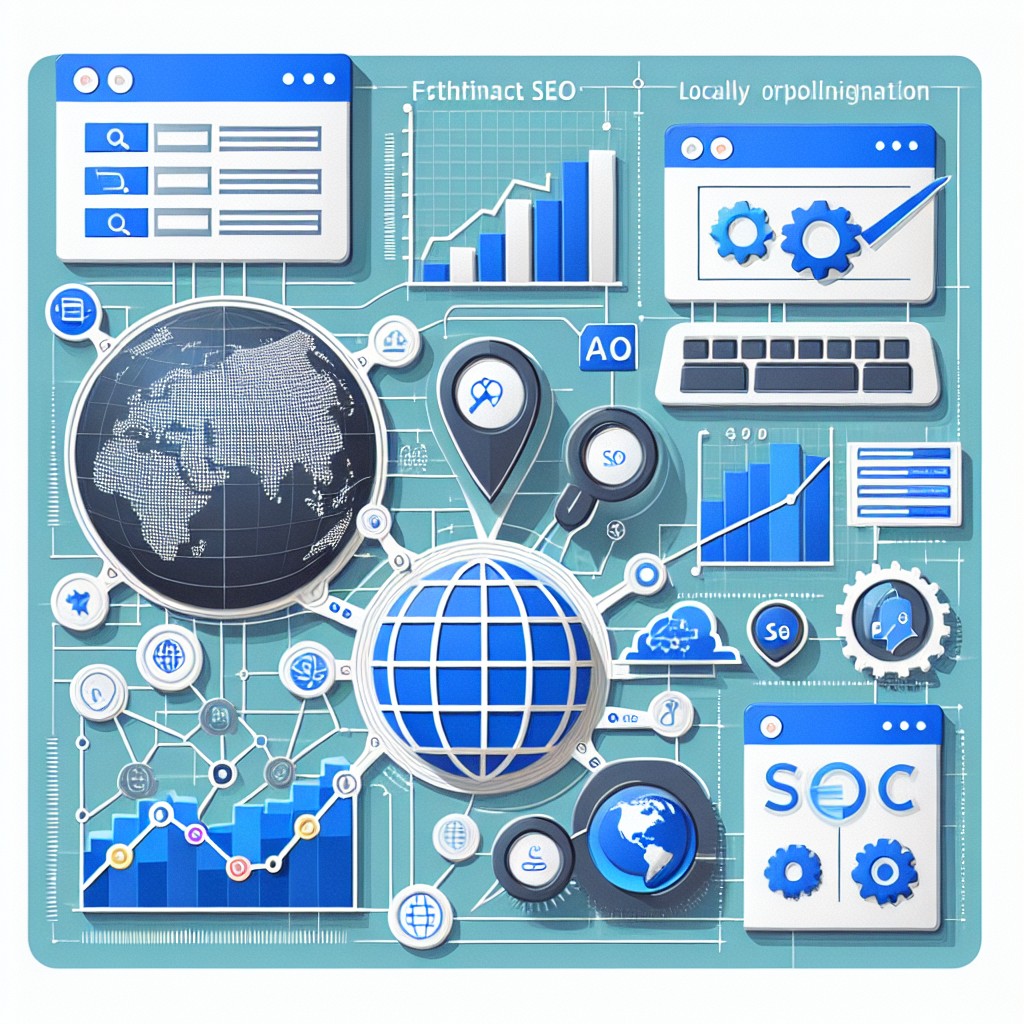 Une illustration représentant l'impact de l'intelligence artificielle sur le SEO local, avec des éléments comme un moteur de recherche, des cartes géographiques, et des graphiques de tendances.