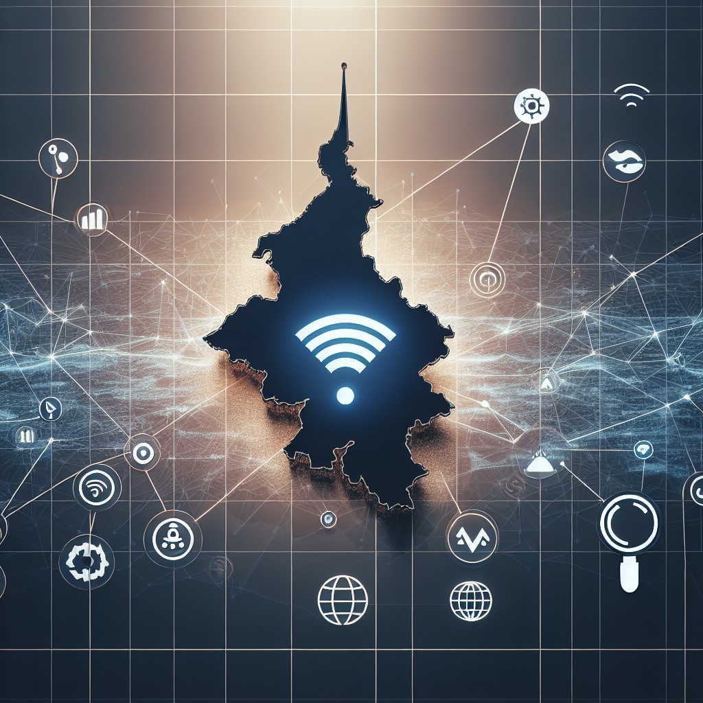 Une image représentant la silhouette de la Wallonie sur une carte avec des symboles de croissance digitale et de visibilité en ligne.