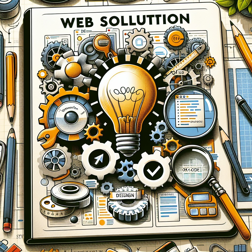 Couverture illustrant des solutions web sur mesure personnalisées, intégrant des éléments de design, SEO, et support technique.