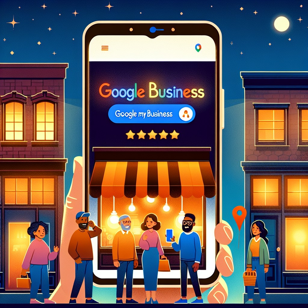 Une illustration montrant une petite entreprise locale avec une fiche Google My Business optimisée, attirant des clients à proximité.