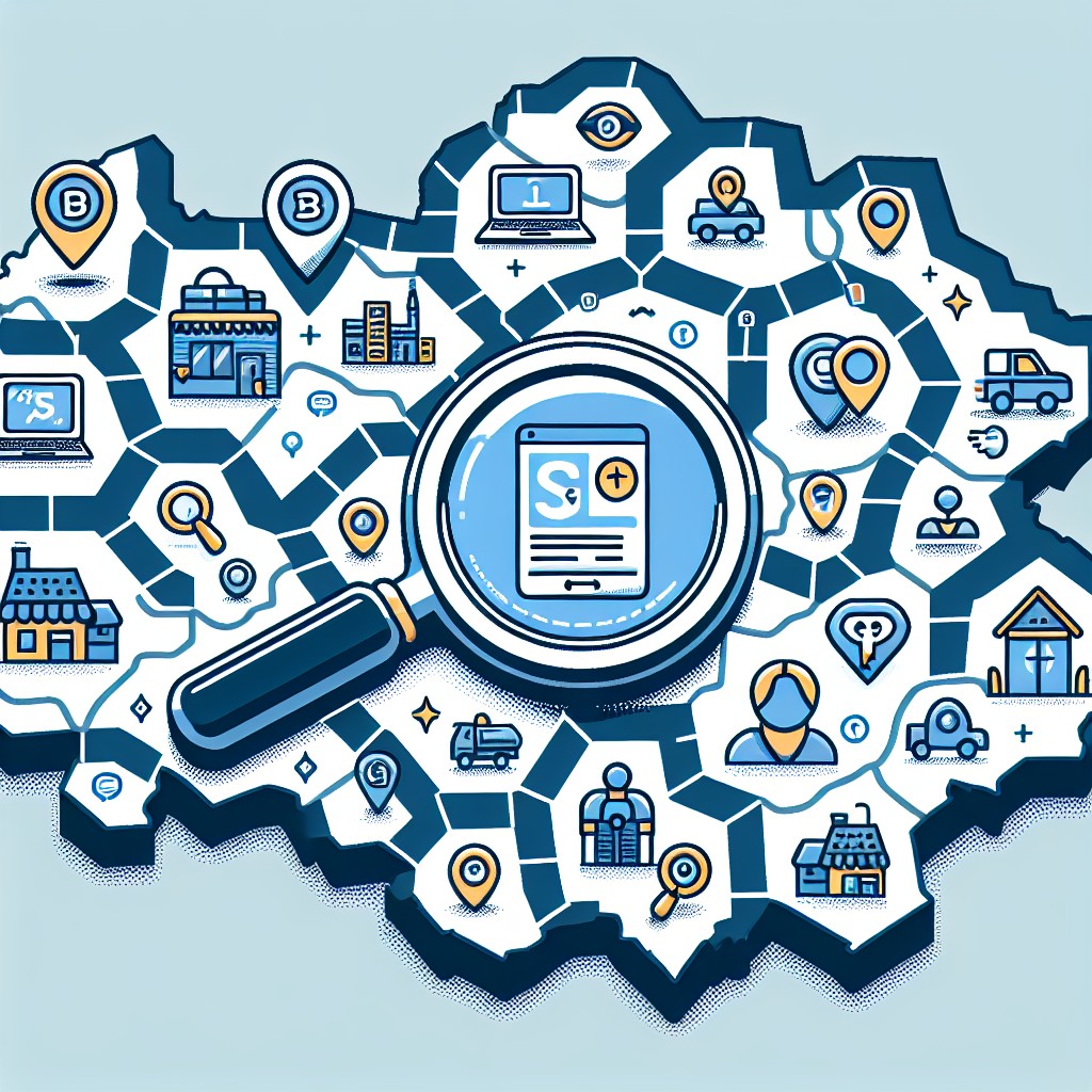 Illustration d'une carte de Belgique avec des icônes représentant le SEO, la recherche locale et les commerces locaux.