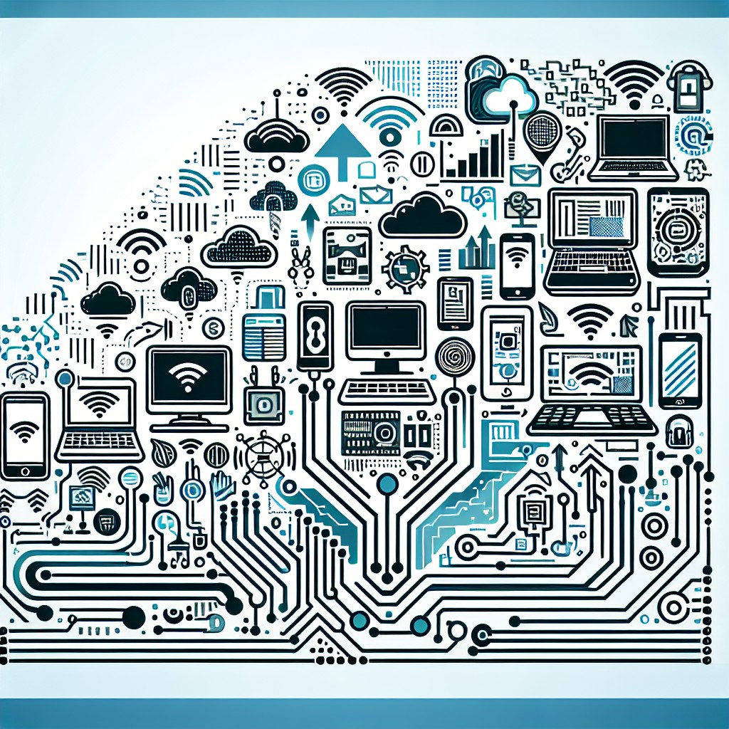 Image de couverture montrant une transformation digitale avec des éléments comme des ordinateurs, smartphones, et symboles de connectivité.