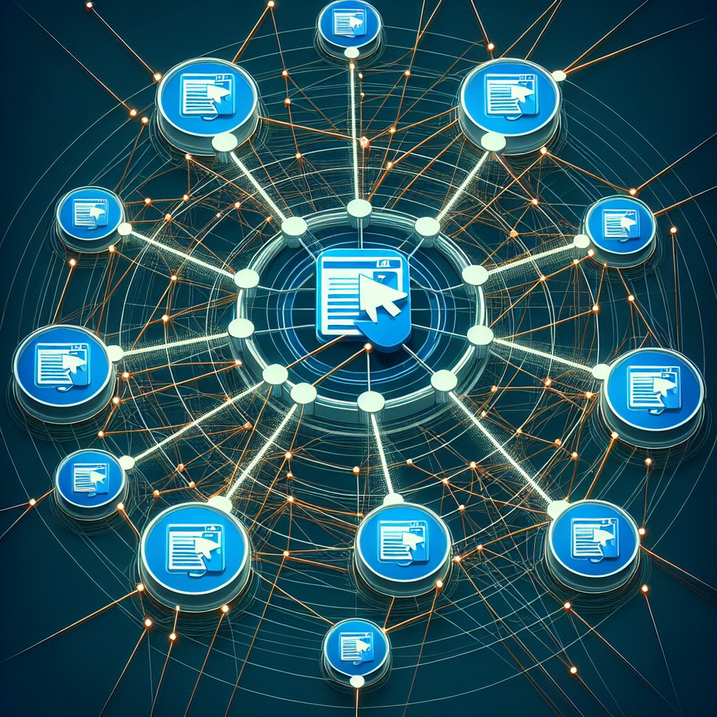 Un web graphe illustrant des liens hypertextes de diverses sources pointant vers un site central, symbolisant les backlinks.