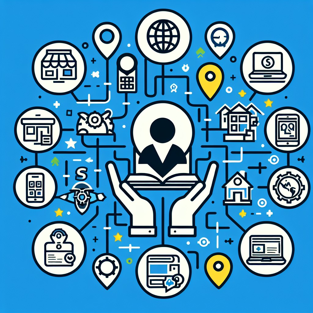 Une illustration montrant divers logos d'annuaires locaux avec une entreprise typique en ligne au centre, symbolisant l'importance de ces plateformes.