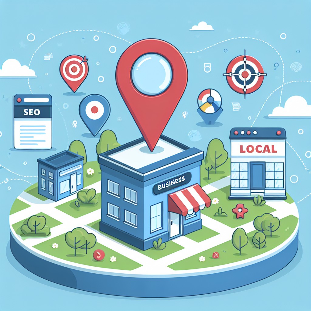 Image illustrant une petite entreprise sur fond de localisation géographique avec des icônes de référencement SEO local