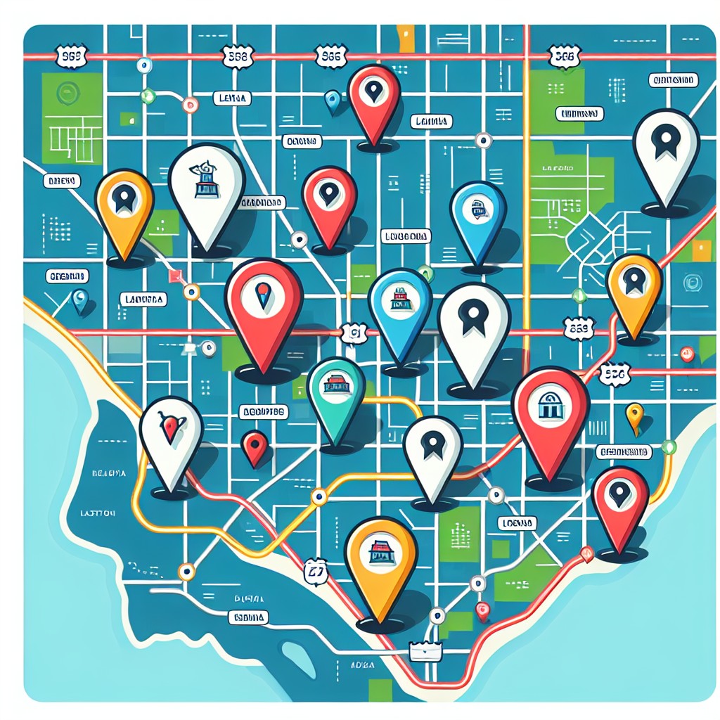 Une carte géographique avec des épingles marquant des entreprises locales qui utilisent des stratégies de référencement.