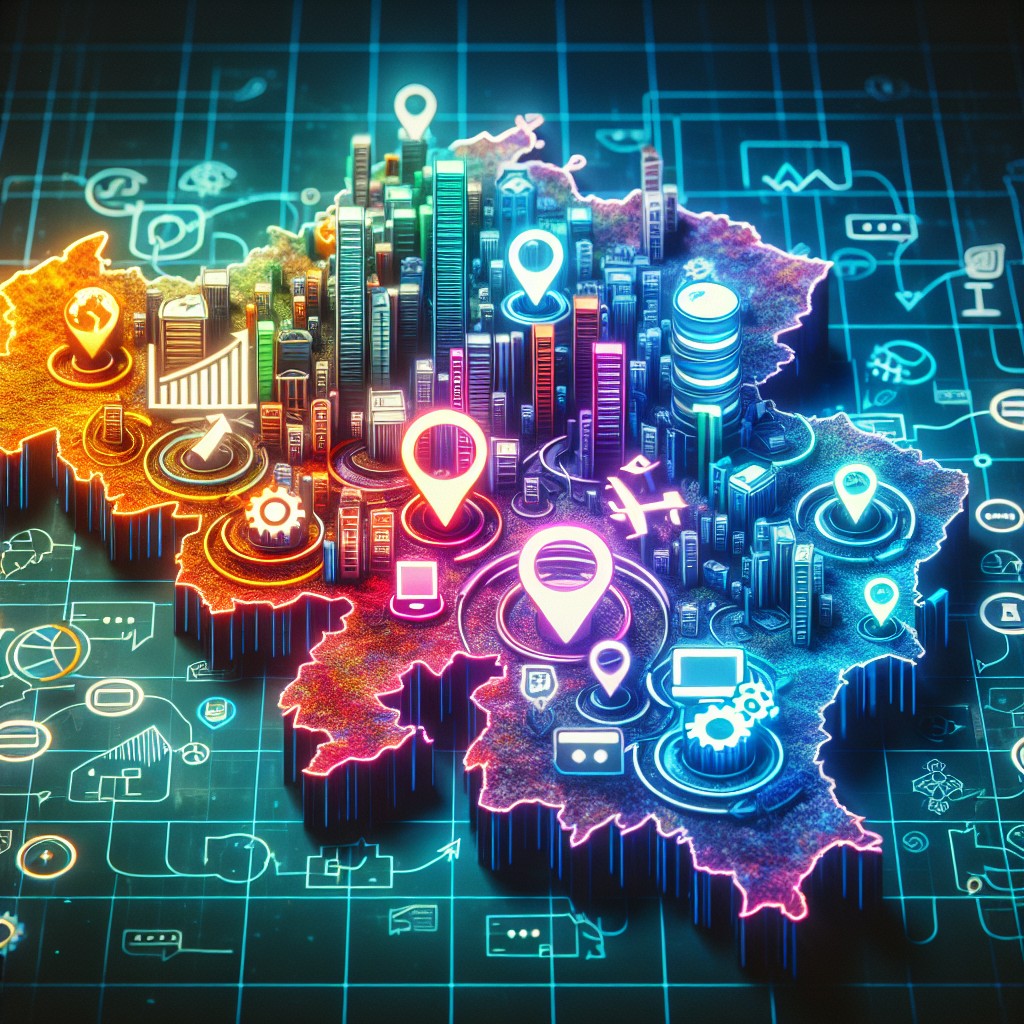 Image montrant une carte de Belgique avec des icônes représentant divers aspects du SEO, comme des graphiques, des barres de recherche et des appareils mobiles.