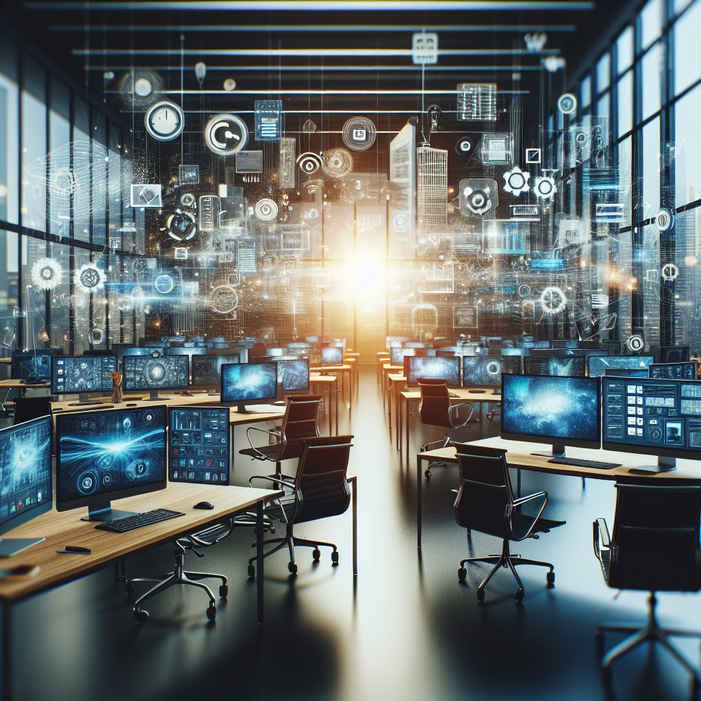 Une image représentant un bureau moderne avec des technologies digitales comme des ordinateurs et des appareils connectés, symbolisant la transformation digitale dans une entreprise.