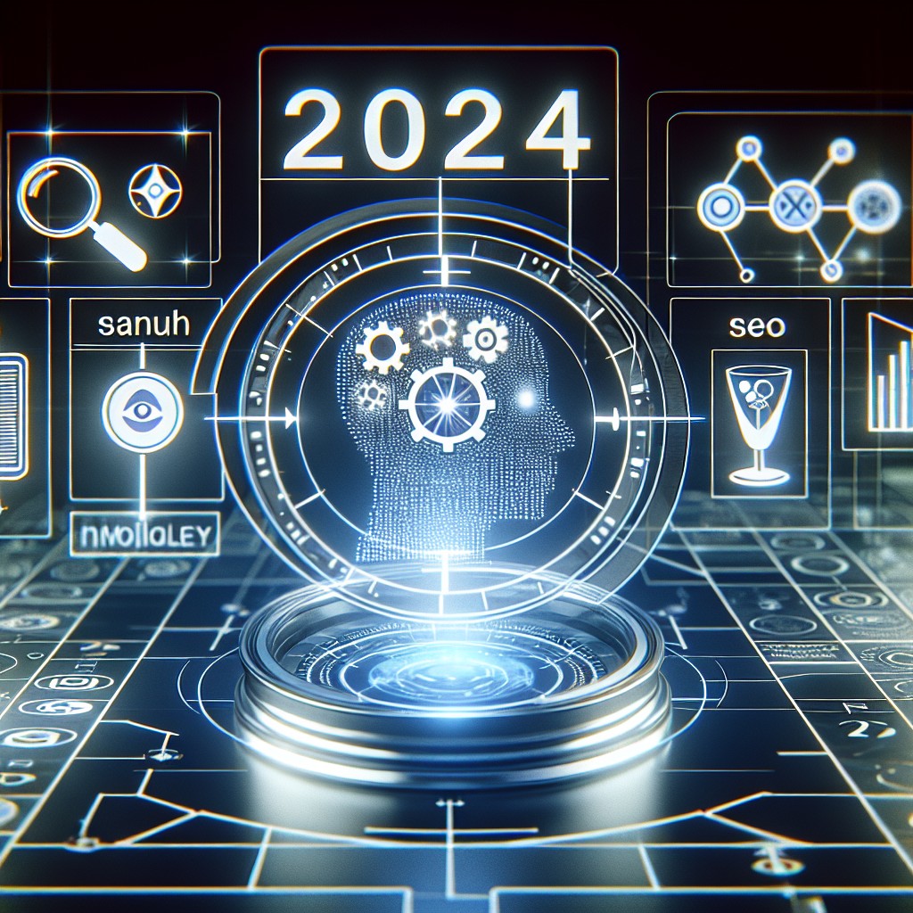 Image représentant les tendances SEO en 2024, incluant des icônes d'intelligence artificielle, de recherche vocale et de dispositifs mobiles.