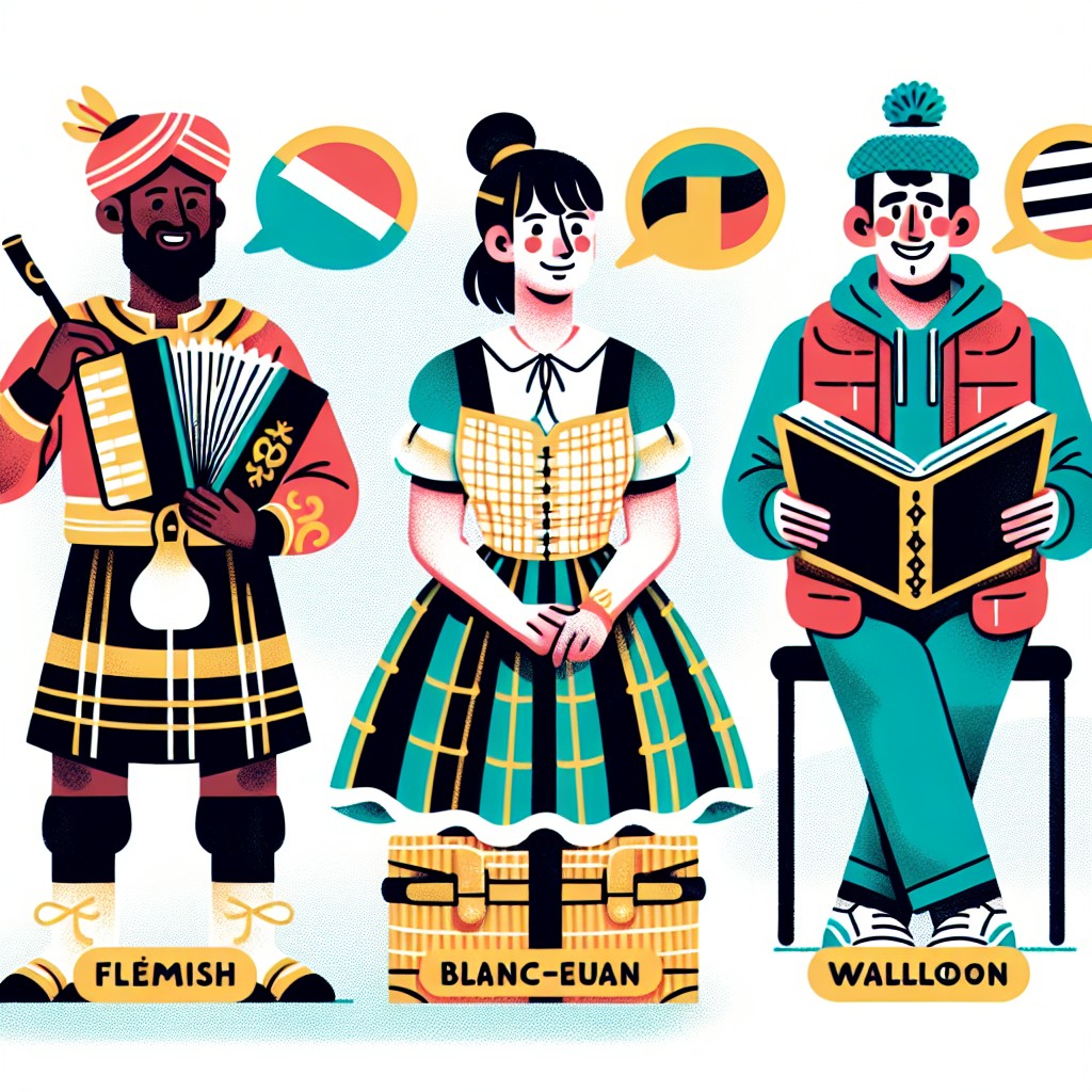 Illustration montrant la diversité culturelle et linguistique de la Belgique, symbolisée par trois personnes représentant les régions flamande, wallonne et germanophone.