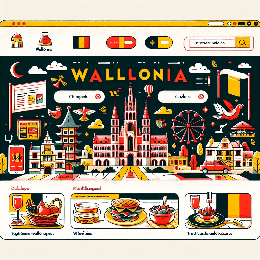 Représentation d'un site web optimisé pour le marché wallon, incluant des éléments culturels et linguistiques spécifiques de la Wallonie