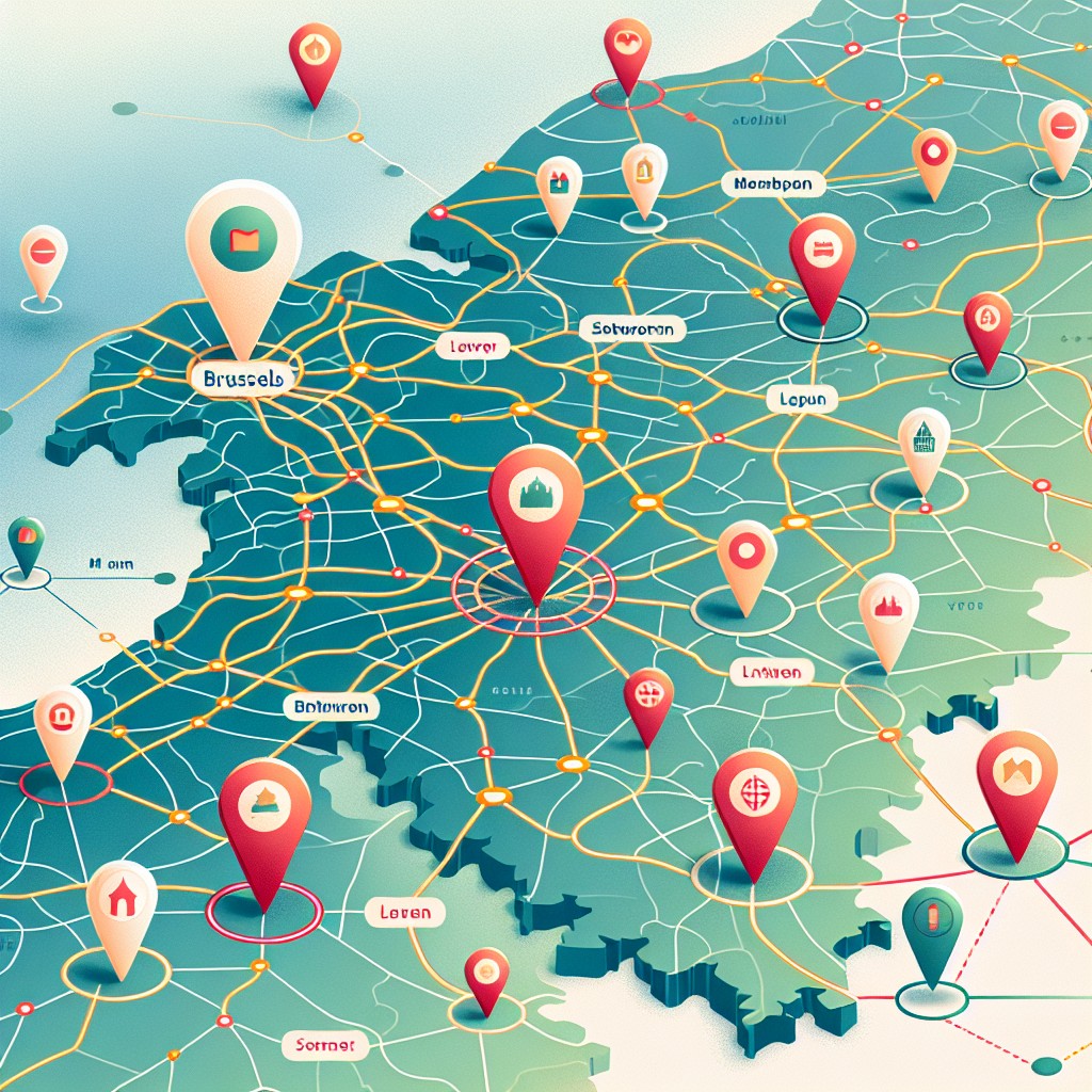 Image de couverture montrant une carte de la Belgique avec des symboles de localisation sur différentes villes, symbolisant le SEO local pour les entreprises.