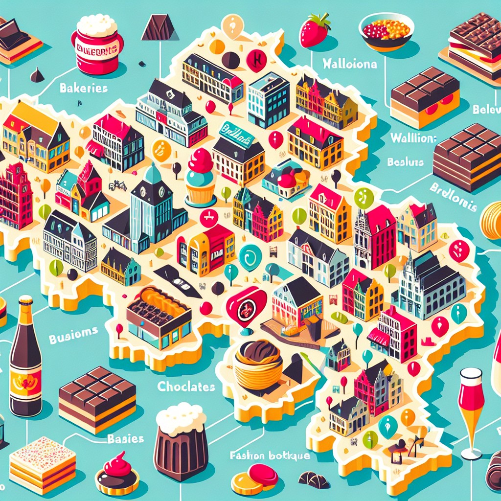 Un graphique montrant différentes régions de Belgique avec des icônes de commerces locaux