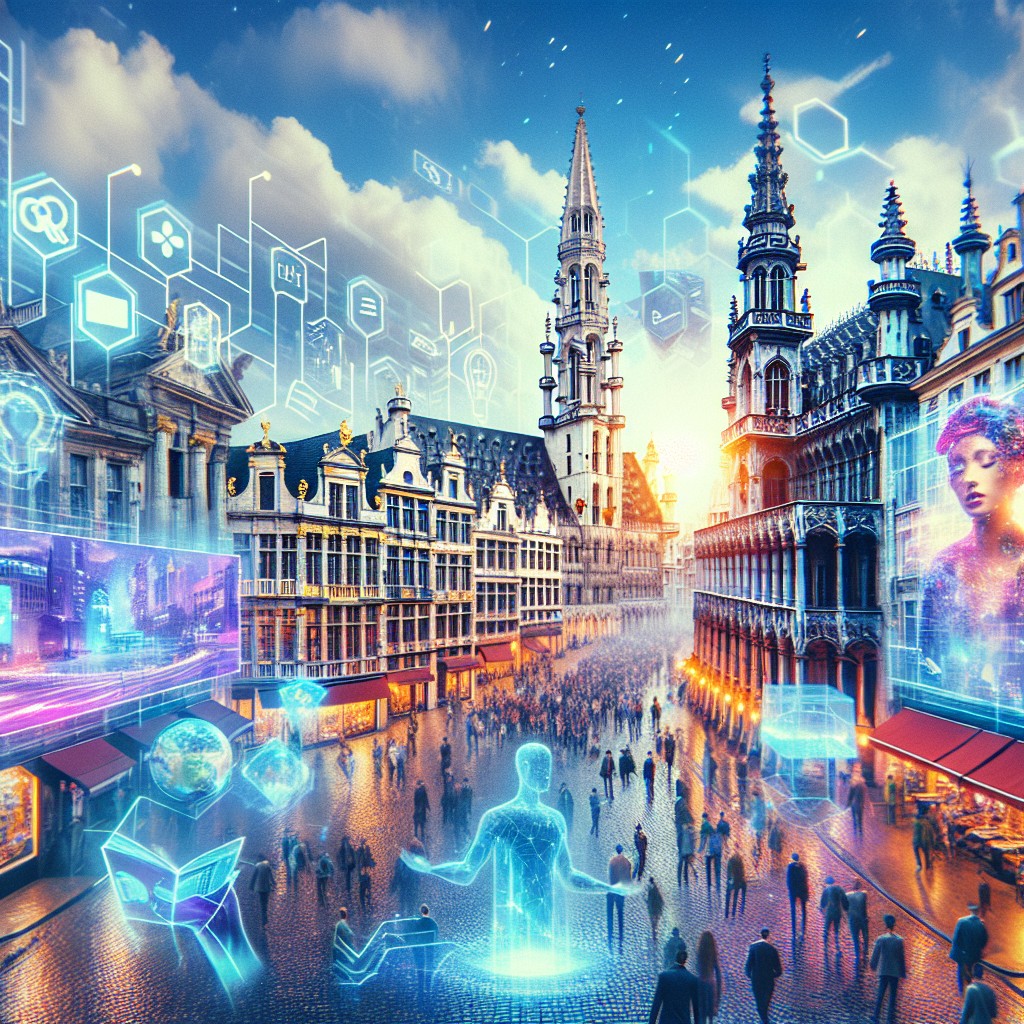 Couverture montrant une vue de Bruxelles avec des éléments de technologie et de marketing digital