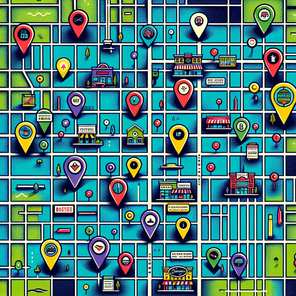 Une illustration représentant une carte avec des épingles pointant vers différents business locaux.