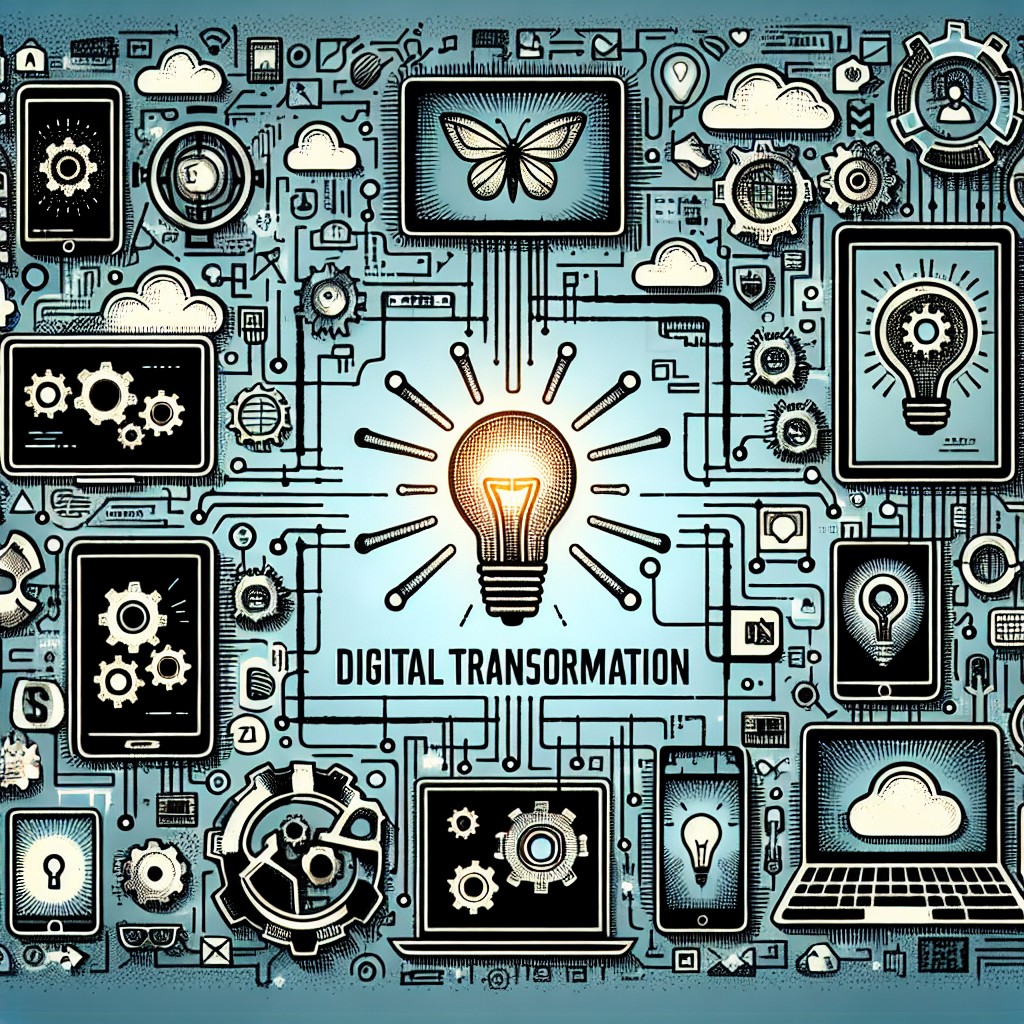 Illustration représentant la transformation digitale avec des icônes de technologie et d'innovation.