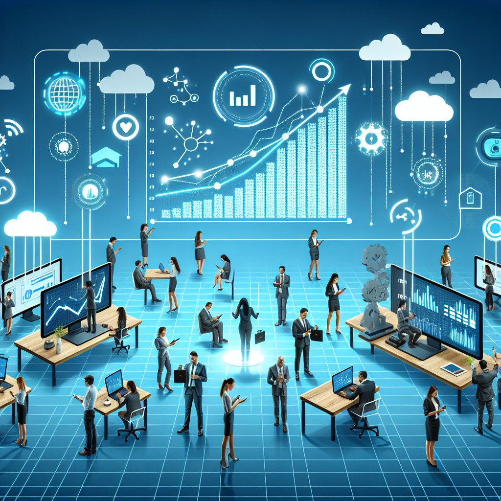 Illustration représentant la digitalisation en entreprise, avec des graphes de croissance et des appareils connectés.