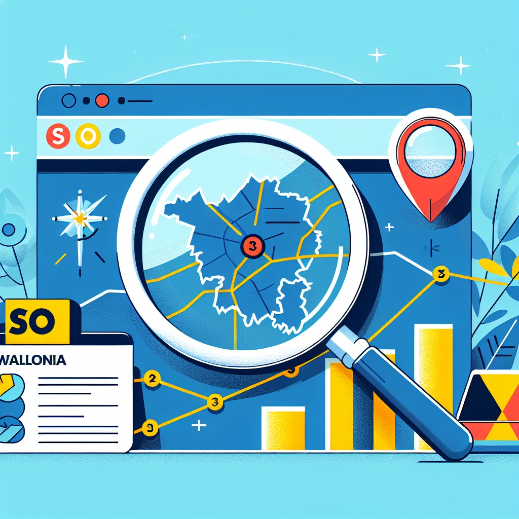 Illustration représentant des graphiques SEO, une loupe et une carte de la Wallonie pour illustrer l'importance du référencement local.