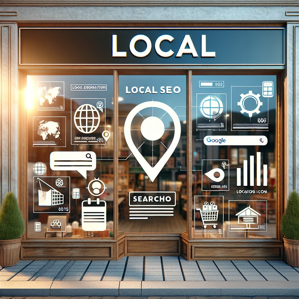 Une vitrine de magasin locale avec un emplacement géographique clairement identifiable et une signalisation visible, représentant l'importance du SEO local.