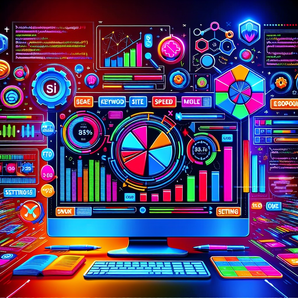 Graphique coloré illustrant les différents aspects du SEO technique sur un écran d'ordinateur avec des icônes de paramètres et de code