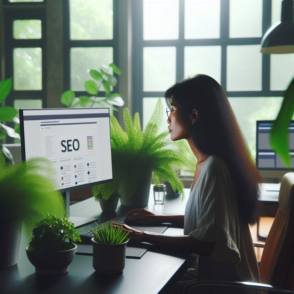 Une travailleuse sur un ordinateur, examinant des graphiques SEO, avec des plantes d'intérieur à côté d'elle.