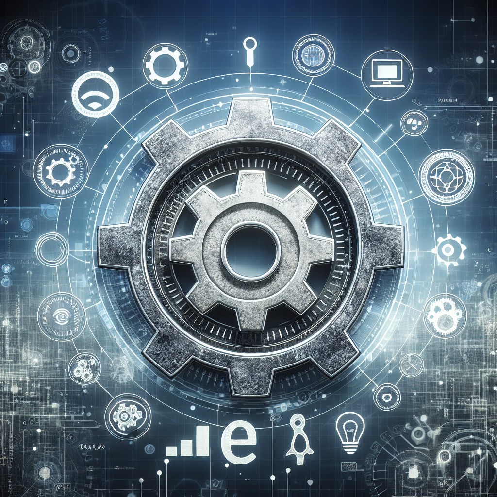 Une illustration montrant une roue dentée avec des symboles SEO entourée d'éléments numériques et industriels, représentant l'intégration du SEO dans le secteur industriel.