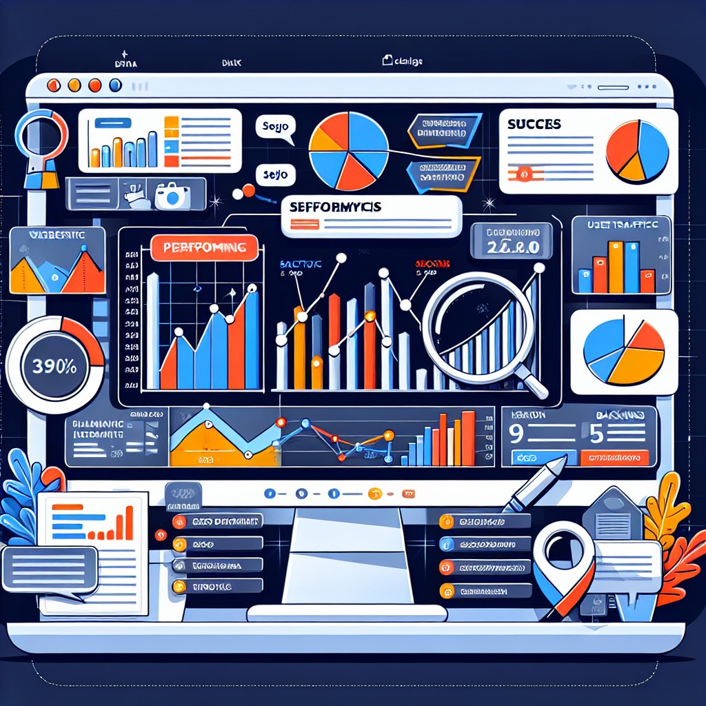 Illustration d'une analyse de site web avec des graphiques de performance SEO et des indicateurs de succès.