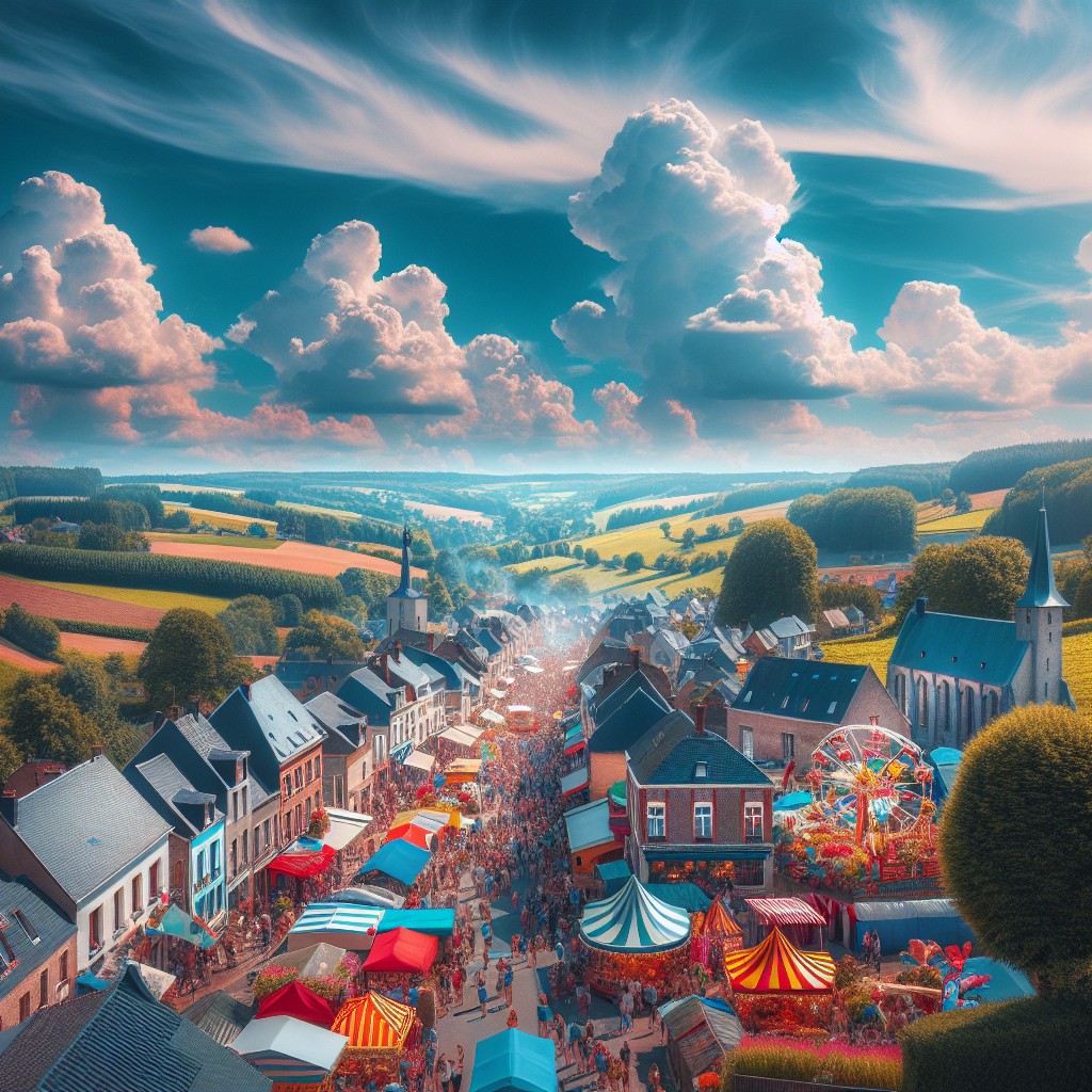 Vue pittoresque de la campagne wallonne animée par un festival estival vibrant, sous un ciel bleu lumineux.