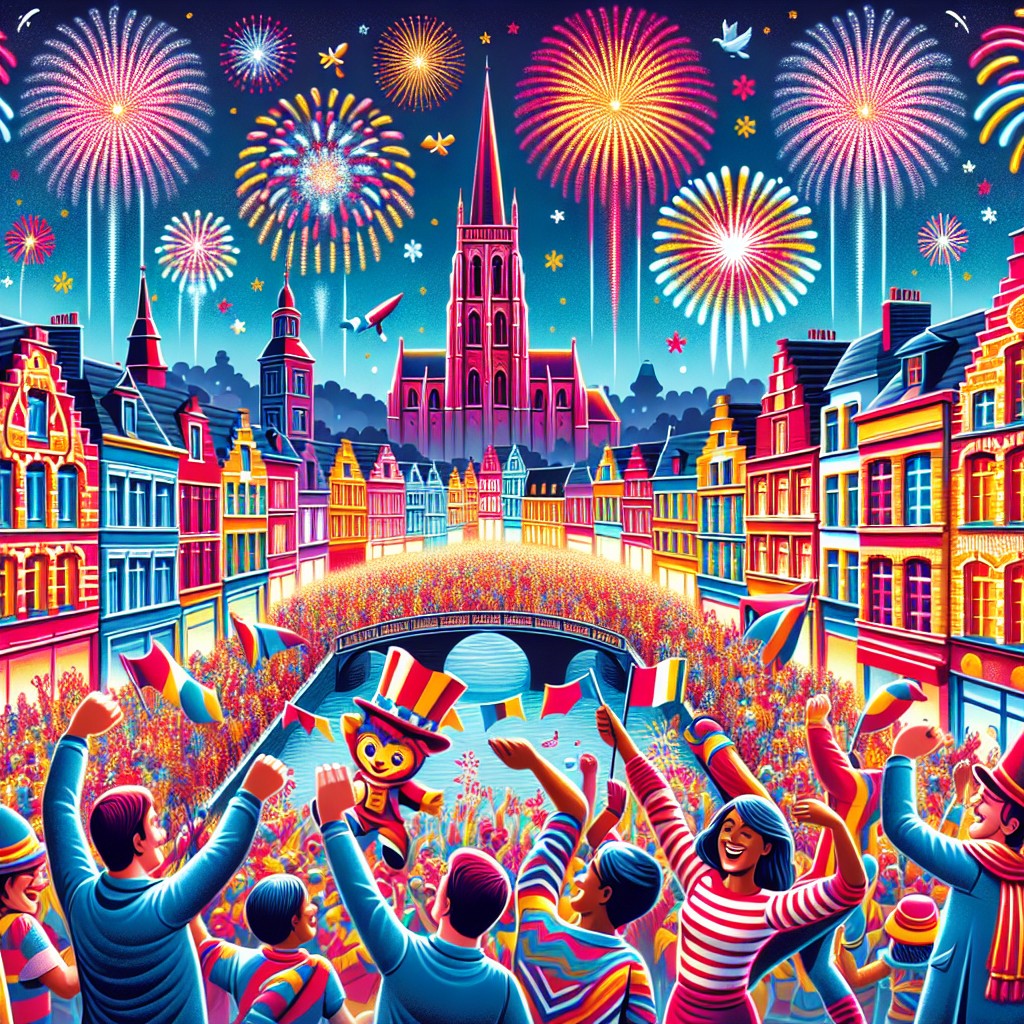 Une image colorée de Charleroi en fête, avec des défilés animés, des feux d'artifice illuminant le ciel nocturne et la joyeuse multitude célébrant les Fêtes de Wallonie.