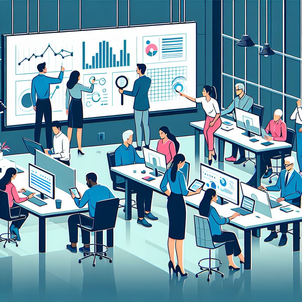 Illustration d'une équipe d'entreprise utilisant des outils technologiques pour analyser des données sur un grand écran.