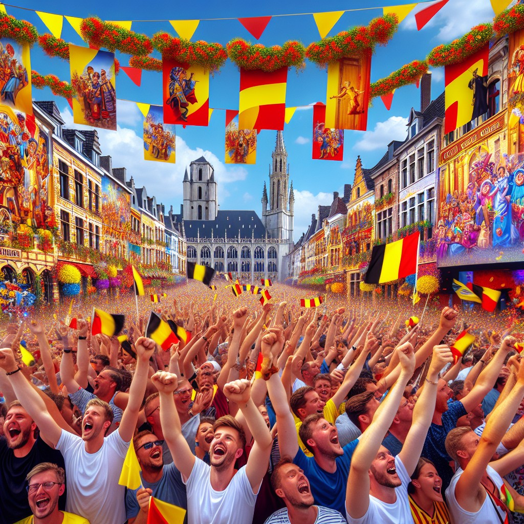 Vue colorée d'une foule réjouissante à La Louvière lors des Fêtes de Wallonie, entourée de drapeaux et animations.