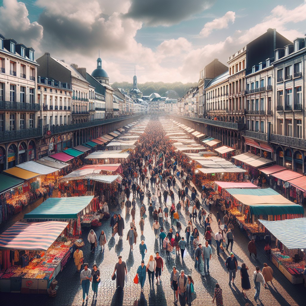 Vue panoramique du Marché de Namur avec ses stands colorés et une foule de visiteurs.