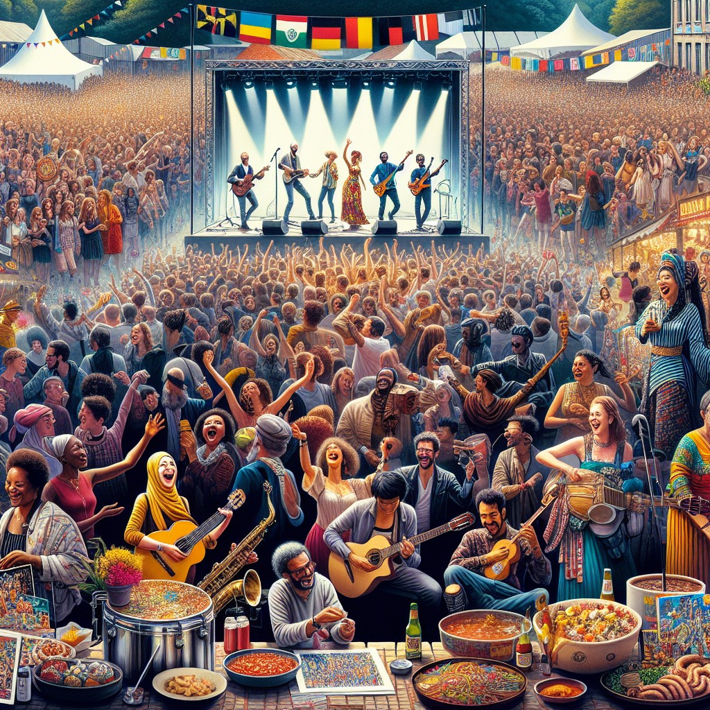 Couverture illustrant la diversité des festivals de Wallonie, capturant l'énergie vibrante d'une foule en fête et des performances artistiques variées.