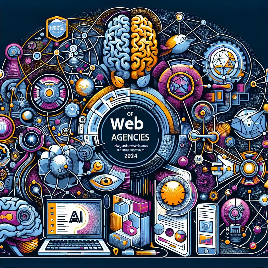 Couverture illustrant l'évolution et l'innovation des agences web en 2024, incluant divers éléments technologiques comme l'IA, la IoT et les PWA.