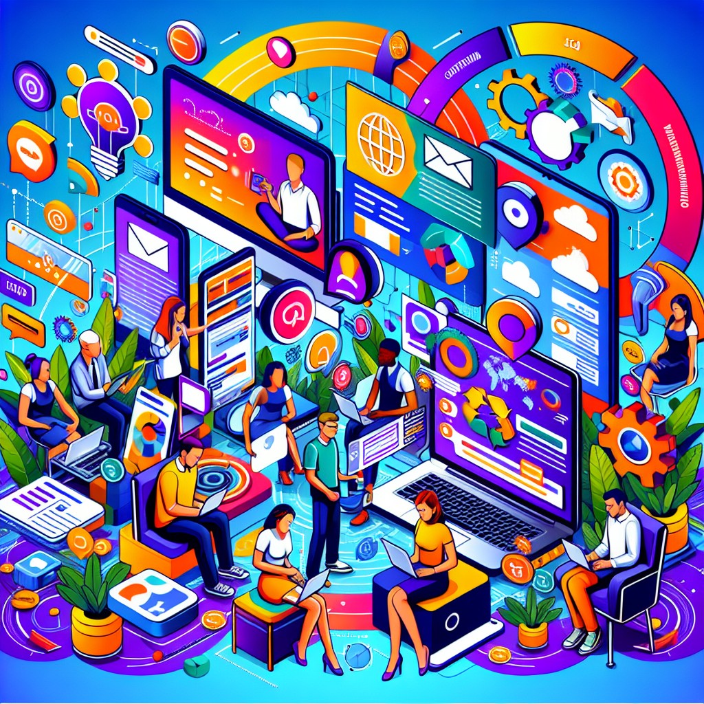 Une illustration vibrant de diverses techniques de marketing digital, avec une ambiance moderne et technologique.