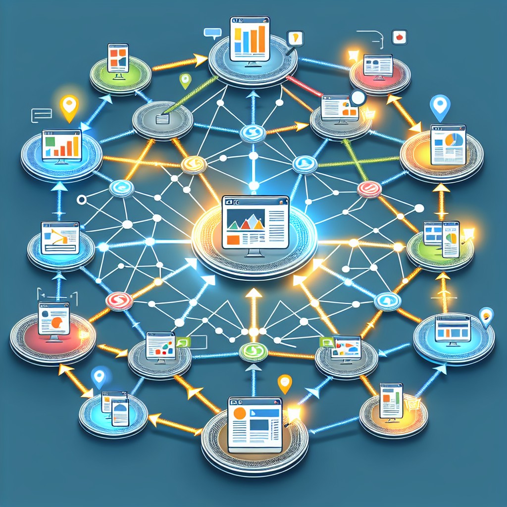 Illustration montrant un réseau de liens entre différents sites web, symbolisant la stratégie de netlinking.