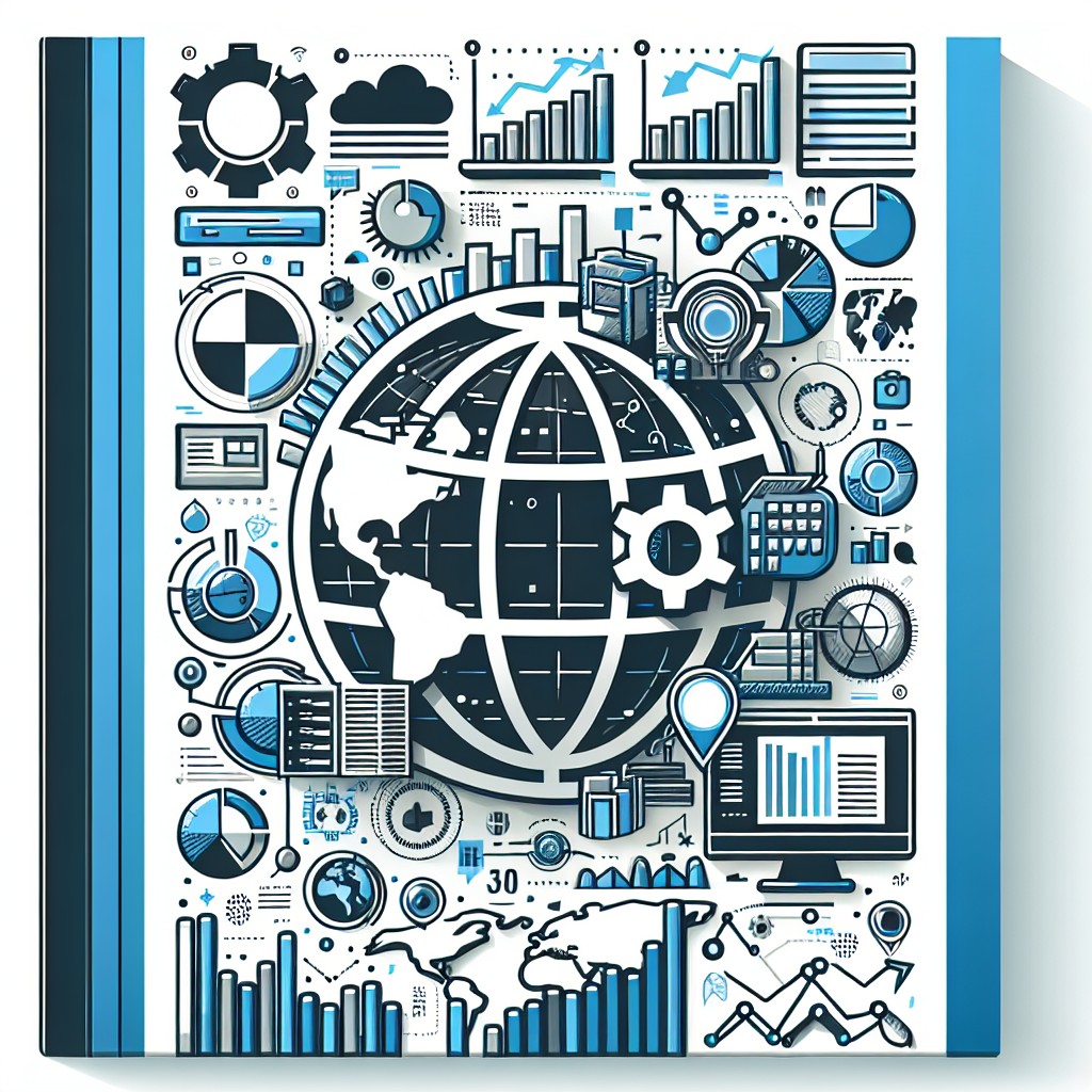 Image de couverture illustrant le concept de SEO avec des graphiques de statistiques de site web et des icônes de globe terrestre.