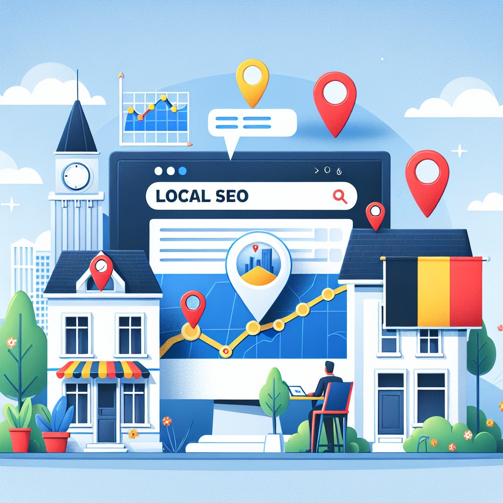 Illustration représentant une PME belge réussissant grâce au SEO local, avec des éléments visuels de marketing digital et référencement géolocalisé.