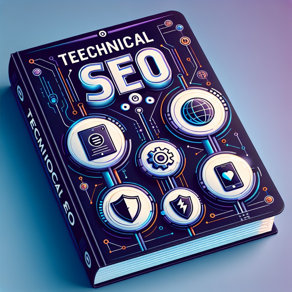 Couverture représentant des concepts de SEO technique avec des icônes de performance, sécurité et mobile.