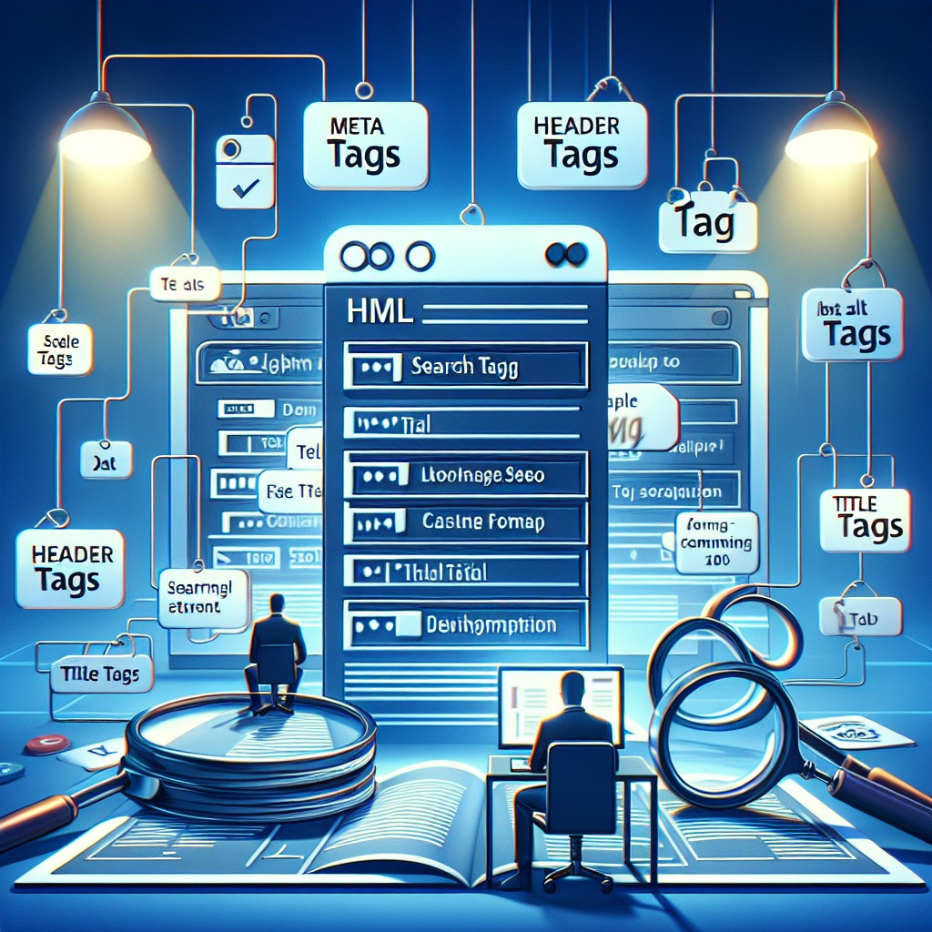 Image représentant des balises HTML et leur application sur un site web, avec un accent sur le SEO.