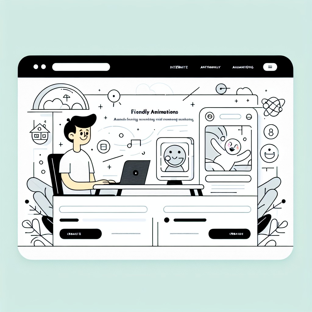 Illustration d'un site web moderne et interactif avec des éléments de design minimalistes et des animations conviviales en arrière-plan.